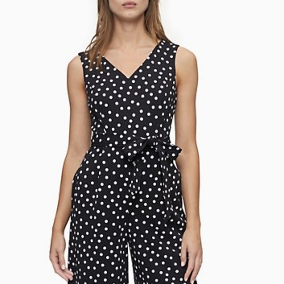 Calvin Klein POLKA DOT V-NECK BELTED JUMPSUIT